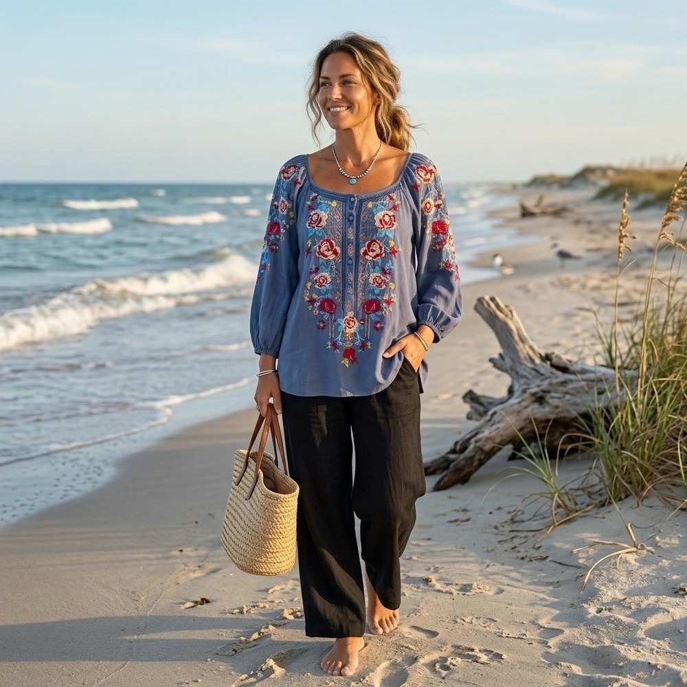 Andree by Unit Top L Floral Embroidered Boho Peasant Festival Beachy